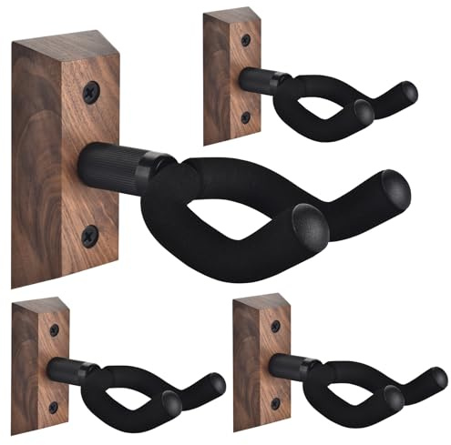 Support Guitare Mural 4 packs, Support Mural Guitare avec Crochet de Guitare Souple Réglable pour Toutes les Tailles de Guitare, Support Mural en Forme de U en bois dur pour Guitare Acoustique, Basse