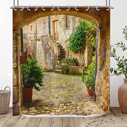Hnmdmyi Tenda da doccia 3D 180x220, Giardino Piante Paesaggio Strada Viale Immagine Tende da Doccia Italia Vista Esterna Tenda da Bagno Impermeabile Poliestere Tessuto Lavabile Tenda da Bagno