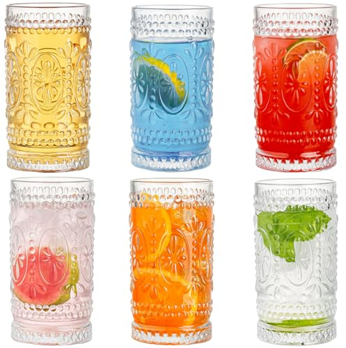 Vintage Drinking Glasses, 6 pcs Romantic Glass Cups, 15oz Highball Glasses, Mojito Cups, Cocktail Glass, Tall Water Glass Tumblers, Vintage Glassware Set for Water, Juice, Cocktail, Whiskey