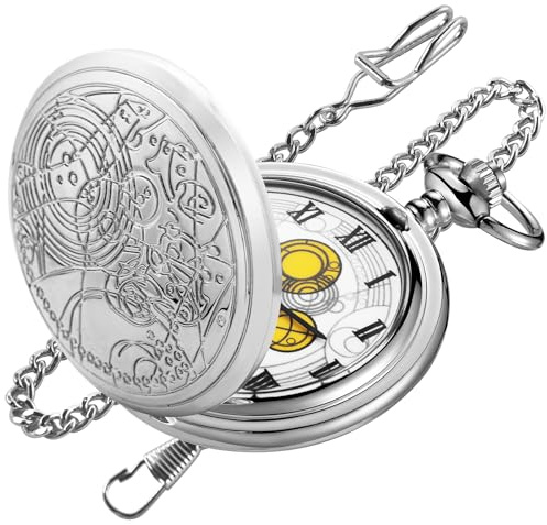 Realpoo Silvery Quartz Pocket Watch for Men, Bronze Case White Roman Digital Dial Quartz Pocket Watches for Men with Chain-Silvery