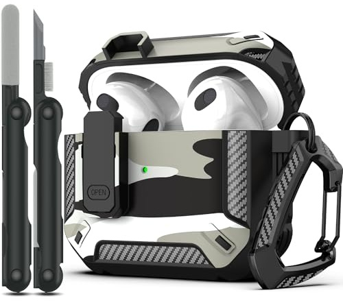 RFUNGUANGO Kompatibel mit AirPods 3 hülle Schutzhülle mit Reinigungsset, militärische Hartschalen-Schutzhülle mit Schloss Kompatibel mit AirPod Gen 3 Ladehülle 2021,Tarnfarbe