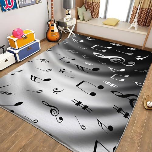 Teppiche Wohnzimmer Musik Schwarz-WeißE Noten Teppich Kinderzimmer rutschfeste Unterseite, FüRs Wohnzimmer Schlafzimmer Und das Kinderzimmer Moderner Teppich 60x90