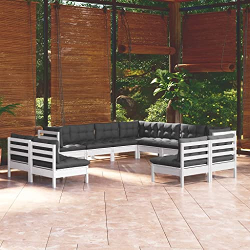 QZZCED 11-TLG. Garten-Lounge-Set mit Kissen Weiß Massivholz Kiefer Gartenmöbel Set Gartensofa-Set Terrassen-Sofa-Set Garten-Couch-Set für Terrassen, Gärten, Balkone, Hinterhöfe