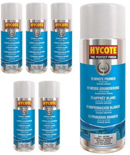 Hycote Sprühprimer Weiß 400 ml (6er Pack) – Schnelltrocknender Acryl Grundierlack mit hoher Deckkraft, für Metall, Kunststoff, Keramik und Holz