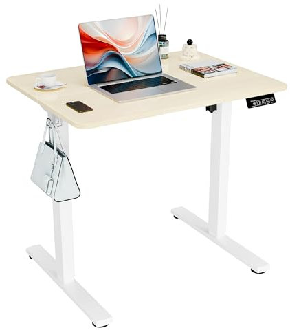 ERGOMAKER Elektrischer Höhenverstellbarer Schreibtisch 80x60cm (31.5x23.6), Höhenverstellbarer Tisch mit Spleißplatte (Weißes Gestell + Eiche Tischplatte)