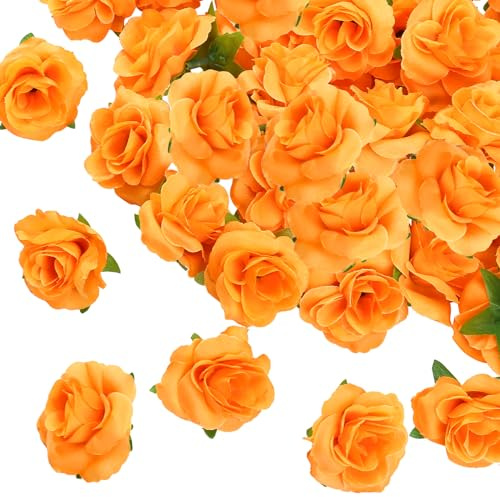 Kesote 50 Pcs Fleurs Artificielles Deco Tête de Rose 4cm, Fausse Fleur Artificielles Roses pour Décoration de Fête Mariage Album Maison-Orange