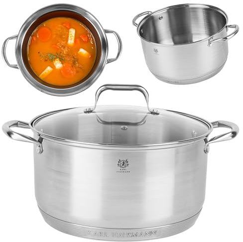 KARL HAUSMANN Pentola in acciaio inox – 9,5 l – Ø 29 cm – Pentola a induzione adatta a tutti i piani cottura – Pentola in acciaio inox con coperchio – Pentola per zuppa – Pentola per spaghetti