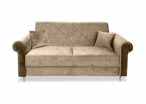 Ares Meble Stilvolles Sofa Dakota - Modernes Sofa 2 sitzer - Wohnzimmer Sofa - Kleine Sofa mit losen Rückenkissen - Solider Rahmen - Samt - Beige - Weiße-Beine