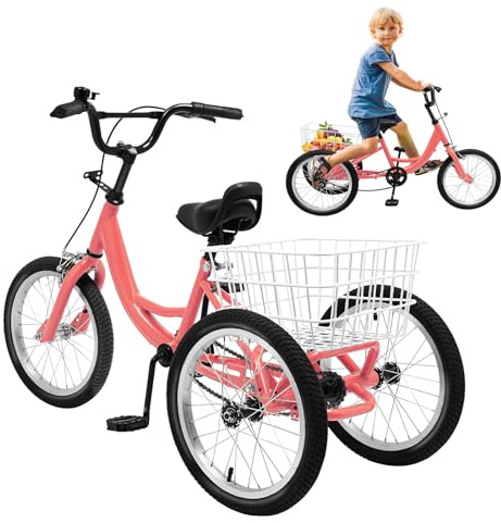 Fridgestea 16 tums trehjuling med 3 hjul för barn 7–10 år, enkelhastighets-trehjuling med shoppingkorg för cykelvägar och olika vägar, lämplig för picknick, shopping – gåva för barn