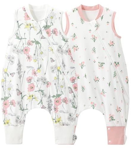 Duomiaomiao Baby sovsäck med fötter, 2-pack 1,0 tog barn året runt vår sovsäck, 100 % bomull sovsäck baby, pojkar sovfilt med ben (75 cm/rosa blomma)
