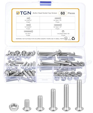 DTGN 60Pcs 1/4-20x1/2 to 1-1/2 Button Head Socket Cap Screws - 304 Stainless Steel Bolt Nut Set Washer Assortment Kit - Good for Road Bicycle, Mountain Bike, Auto