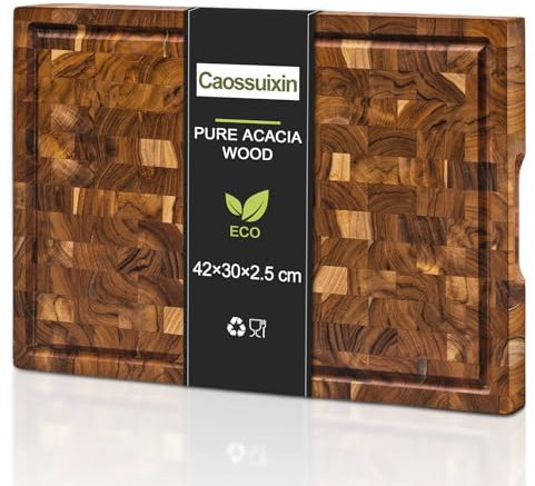 Caossuixin Large Thick End Grain Acacia Wooden Chopping Board with Juice Groove(16 L x 12 W x 1 T), Epicurean Chopping Board with Non-Slip Feet, Wood Cutting Board(42 * 30 * 2.5cm)