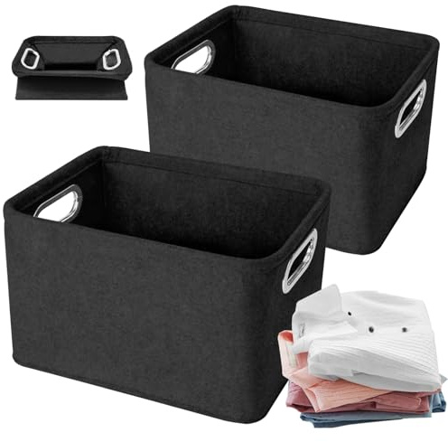 Cyiecw 2 Stück Filzkorb Aufbewahrung mit Griffen, Faltbarer Aufbewahrungsbox Filz, Verdickter Aufbewahrungskorb für Kleidung Handtücher Accessoires und Kinderspielzeug (Schwarz)
