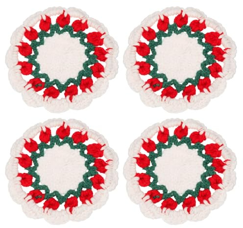 uxcell Floral Crochet Coasters, Flower Knitted Cup Mats Crochet Plant Pot Coaster for Wedding Birthday Party Home Office Decor Red