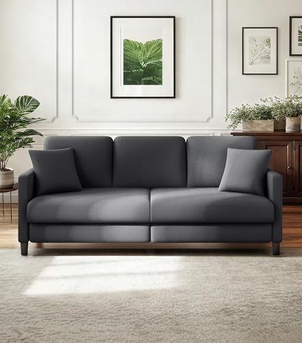 Domusensus Canapé 3 Places, Confortable, 211 cm, en Polaire Teddy, 2 Coussins Inclus, Montage sans Outils, Structure en Bois Massif, pour Salon, Bureau, Gris