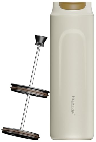 Heemburg fransk press kaffebryggare To-Go – isolerad resekaffepress, rostfritt stål, dubbelväggs dammsugare, håller kaffet varmt i 6 timmar – bärbar och återanvändbar för hem, kontor och resor (beige)