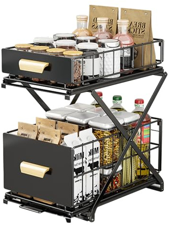 RMNKTHC Estantería para especias, 2 niveles, encimera, cocina, organizador sin montaje, organizador extensible, espacio para especias y botellas (negro)