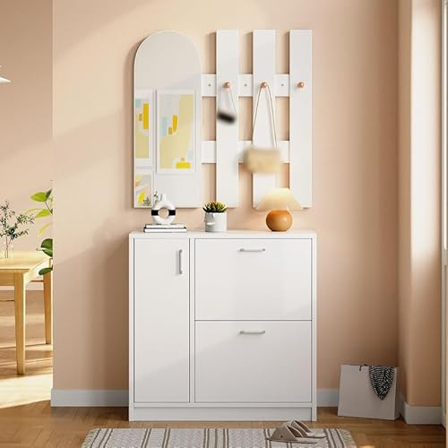 Solisburne Zapatero con Puertas abatibles para pasillos pequeños, Conjunto de recibidor con Espejo y percheros, Zapatero Blanco con 2 Puertas abatibles y 1 Puerta corredera, Mueble de Entrada y salón