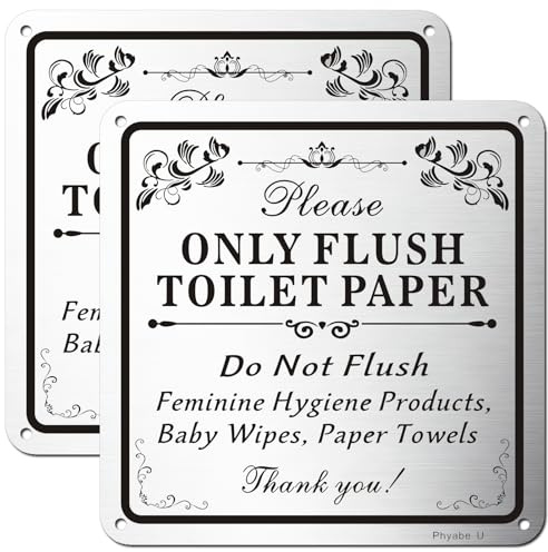 Phyabe 2 Pack Only Flush Toilet Paper Sign Aluminum Self-Adhesive | 15 x 15 cm Silver Do Not Flush Any Products Other Than Toilet Paper Sign For Bathroom Pre-Drilled Holes, Durable, Waterproof