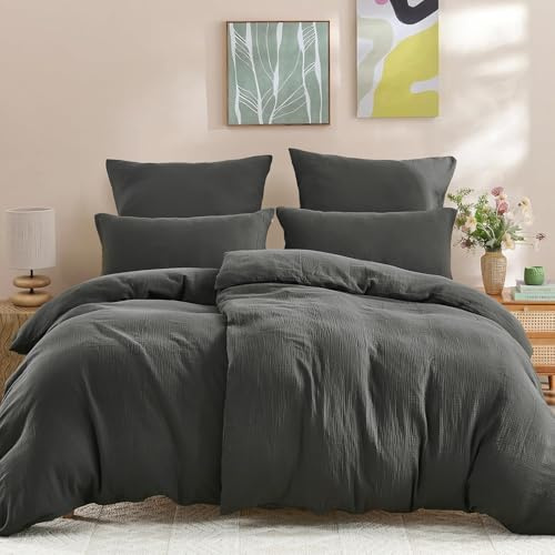 WONGS BEDDING Musselin Bettwäsche 135x200 4 teilig Baumwolle, Bettwäsche-Sets 2er Set Bettbezug mit 2 Kissenbezüge 80x80 cm Knitterlook Weiche Bettbezug Bügelfrei, mit Reißverschluss, Anthrazit