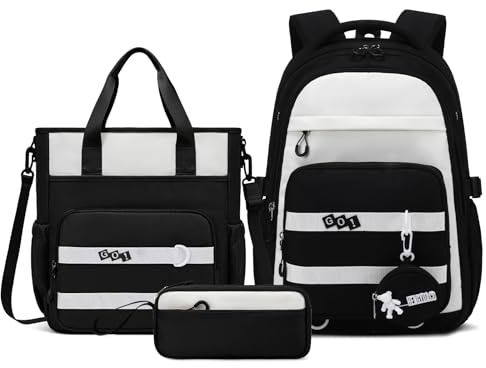 Amythe Zaino Scolastico per Ragazze 10-18 Anni 3 Pezzi - Set Scuola Medio con Zaino, Borsa e Astuccio - Zaini per Ragazze Scuola Media Grande Impermeabile per Porta PC 15 -Bianco