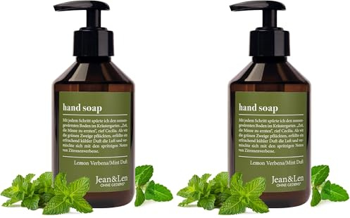 Jean & Len Handseife Lemonverbena & Mint, reinigt beanspruchte Hände, für die tägliche Anwendung geeignet, Flüssigseife im Pumpspender, zitrischer Duft, vegan, 250 ml (Packung mit 2)