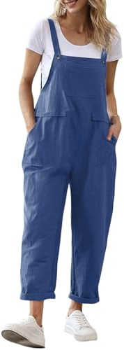 Latzhosen Damen Oversize Latzhose Stoff Blau Arbeitshose Loose Bib Pants Lang Vintage Trägerhose Overall Baggy Jumpsuit Sommerhose Jumpsuit Modische Arbeitsoverall Leicht Playsuit mit Taschen