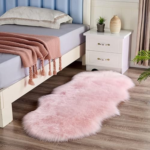 Plush Faux Sheepskin Rug-Ultra,Soft Fluffy Bedside Carpet,Non-slip Washable Floor Mat,Modern Decorative Beige/Red/Pink/Grey Rug for Bedroom Living Room Deep Pile Rugs,Light pink,100 * 60cm
