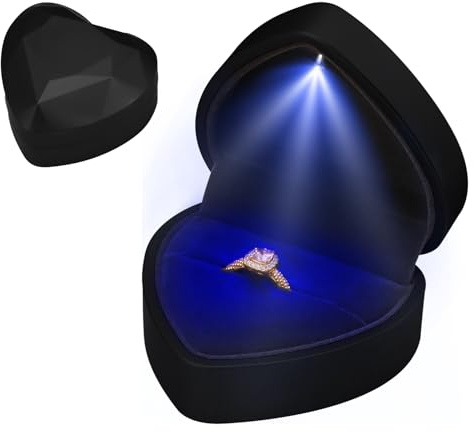 Boîte à Bague en Velours, Écrin Bague Forme Cœur avec Lumière LED Alliance Mariage avec Intérieur Fiançailles Boîte à Anneau pour Fête des Mères Mariage Demande en mariage Fiançailles (Noir)
