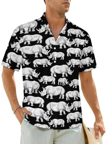 JOJOARTRhino Black White Button Down Shirts for Men Casual Short Sleeve Stand Up Collar Shirts Summer Beach Tops 2XL