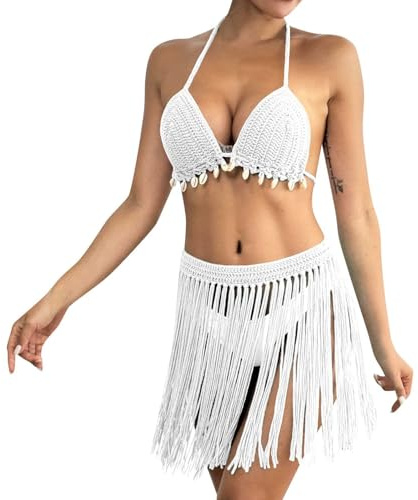 Generico Costume da Bagno Donna Completo Bikini Donna Mare Due Pezzi Artigianale Uncinetto Top con Frange Patchwork e Gonna Elegante