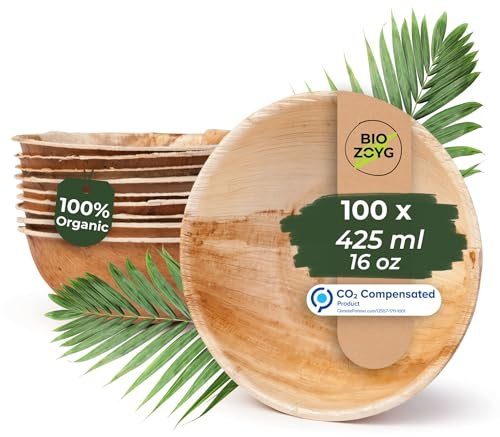 BIOZOYG Palmblatt Geschirr, Schale 100 Stück 425 ml rund - Einweg Suppenteller Salatschale kompostierbar Palmblatt Schale- Einweg Bowl Partygeschirr nachhaltig