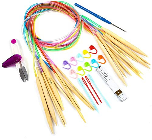 LIHAO 10 Paar Rundstricknadel Stricknadeln Bambus Set mit Zubehör 3.5-10.0mm für Handarbeit