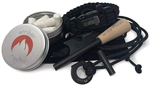 Ember Rock Survival Fire Steel Kit - Magnesium Ferrocium Rod Firesteel - Includes Paracord Bracelet Tinder Tabs and Necklace - Essential Fire Starter Camping Survival Kit (Firesteel Kit)