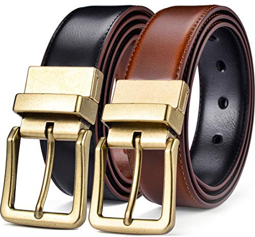 Beltox Men’s Belts Reversible Leather 1.25” Wide 1 for 2 Rotate Buckle Gift Box, Antique Gold Buckle With Black/Lt Brown Belt, Medium