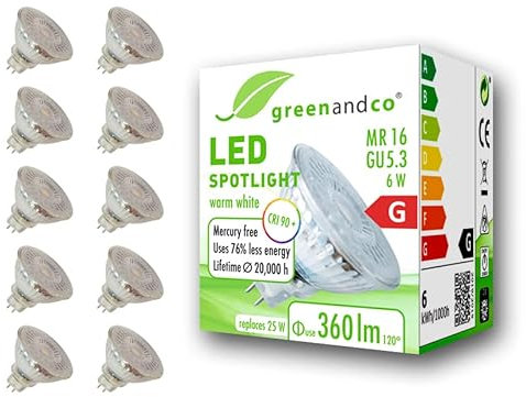 greenandco 10x CRI 90+ MR16 GU5.3 LED Spot | 6W 360 lm | 3000K warmweiß | 110° | 12V AC/DC | nicht dimmbar