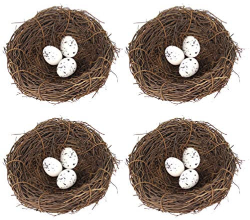 VALICLUD 4 Stück Vogelnest 12cm Osternest mit 20pcs Ostereier Vogeleier Osterdeko Frühling Zweige Rattan Nest Naturnest Handwerk Basteln Foto Requisiten handgemacht Tischdeko Ostern Deko