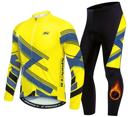 Men’s Thermal Fleece Bicycle Suit Full Zipper Cyclist Jackets Compression Tights Cushioned US L Yellow