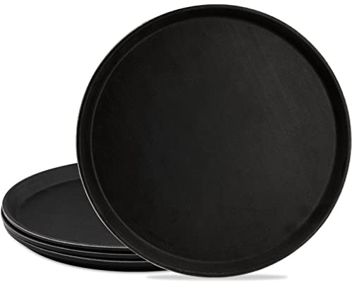 TOPZEA 4 Pack 14 Inch Round Restaurant Serving Tray, Fiberglass Non-Slip Rubber Lined Black Server Trays Commercial Grade Bar Service Tray for Restaurant, Kitchen, Cafeteria, Catering, Easy Clean