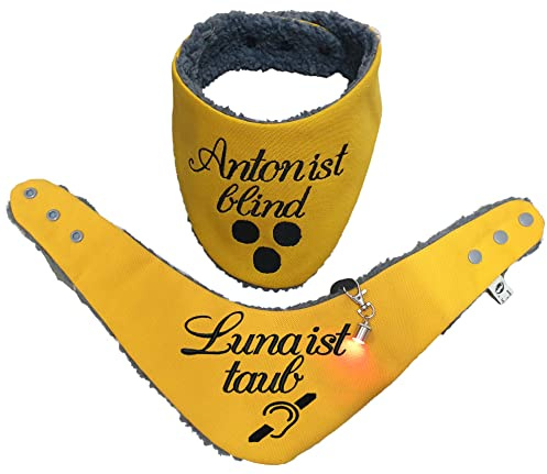 Hundehalstuch für blinde oder taube Handicap Hunde mit Name gelb Größe XXS XS S M L XL XXL XXXL WUNSCHNAME Halstuch Hund Tuch Telefonnummer (Canvas gelb)