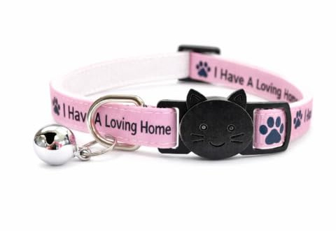 ZACAL Katzenhalsbänder mit Glöckchen | Worded Cat Collars - Please Do Not Feed Me/I Am Microchipped | Safe Quick Release Breakaway Buckle Cat Collars (Pink, I Have A Loving Home')