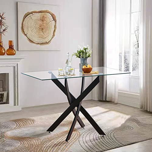 GOLDFAN Table à Manger Rectangulaire en Verre Style Moderne Salon Salle à Manger Cuisine Pieds en Métal Noir 110cm