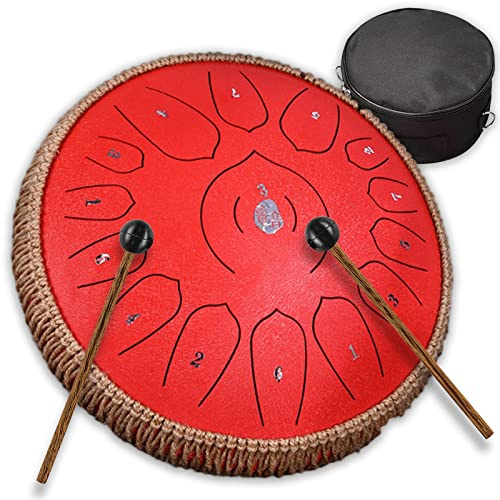 Stahlzungentrommel C-Dur 15 Töne 13 Zoll Hand Pan Drum Percussion Schlagzeug Instrument Schlaginstrument Mit Reisetasche Schlägel Für Musik Bildung Meditation Yoga,Rot