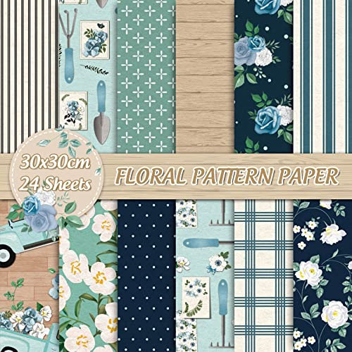 Whaline 12 Design Blumenmuster Papier Blau Blume Scrapbook Papier Doppelseitiges Dekoratives Bastelpapier für Frühling Ostern Kartenherstellung Scrapbook Fotoalbum Dekor, 30 x 30 cm, 24 Stück