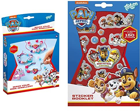 Totum Paw Patrol Schmuck-Set basteln mit 3 farbigen Bändern, Motivperlen, Perlen in Herzform & Paw Patrol Sticker - über 150 Sticker mit Motiven von Chase, Rubble, Marshall, Skye und Co.