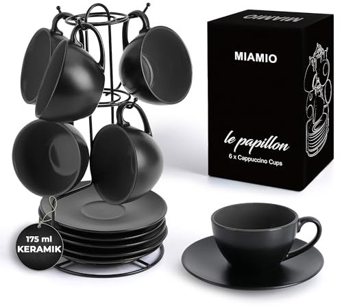 MIAMIO - 175 ml Set di 6 Tazze Cappuccino con Piattini/Tazza Cappuccino/Tazze da Cappuccino - Set Tazzine Caffè con Piattino - Tazze Colazione - Tazze Caffe - Collezione Le Papillon (Negro)