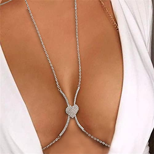 Strass Brustkette Trendiger Kristall Diamanten Körperkette BH Kette Sexy Strand Bikini BH Kette Party-Schmuck für Frauen (Silber)