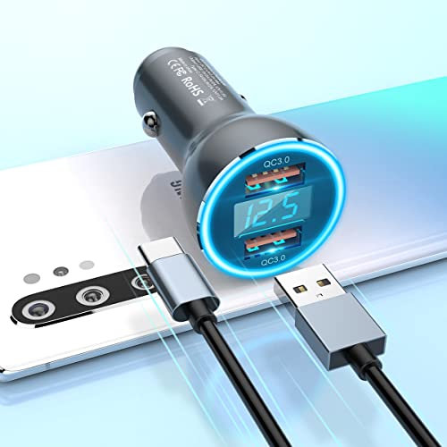 Dual QC3.0 Autoladegerät, 36W Telefon Schnellladegerät Schnellladung [Ganzmetall], 12V/24V Schnellladung Zigarettenanzünder USB-Ladegerät Spannungsanzeige für iPhone 13/12/11/Xs, iPhone, iPad, Galaxy