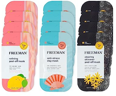 Freeman Facial Mask Variety 12 Count Bundle, Peel-Off & Clay Face Masks, Pore Clearing, Toning, Evening, & Calming Skincare, For All Skin Types, Travel Size Masks, 0.5 fl. oz./15 ml Sachets