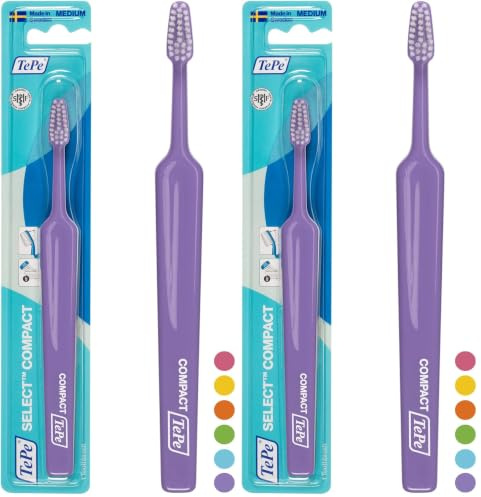 TePe Select Compact Medium Zahnbürste/Mittelstarke Borsten in einem kompakten, schmal zulaufenden Bürstenkopf - für Jung & Alt | 2er Pack